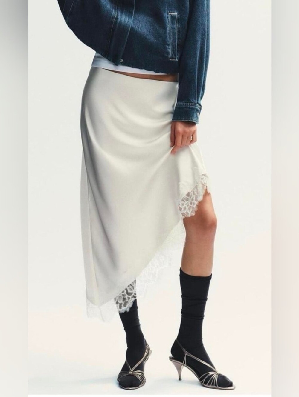 ZARA Women's Cream Lace-Trim Asymmetric Slip Skirt